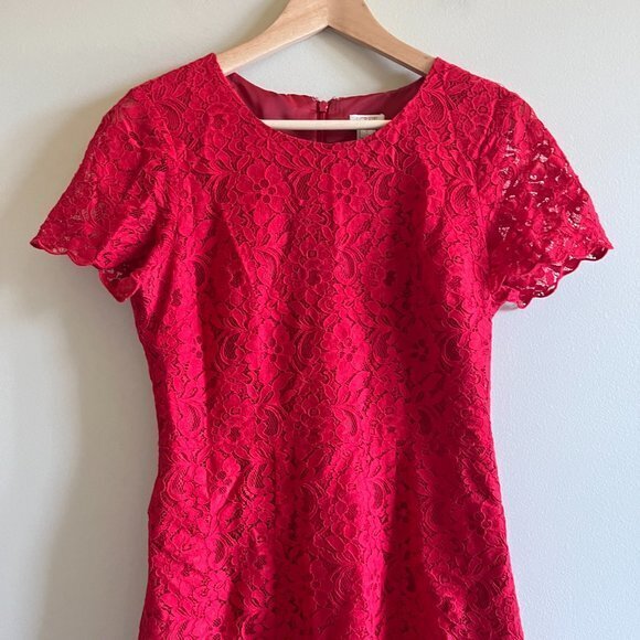 J. Crew Red Lace Short Sleeve Dress Lined Cocktail E3707 A-Line Womens Size 4 - Picture 3 of 10